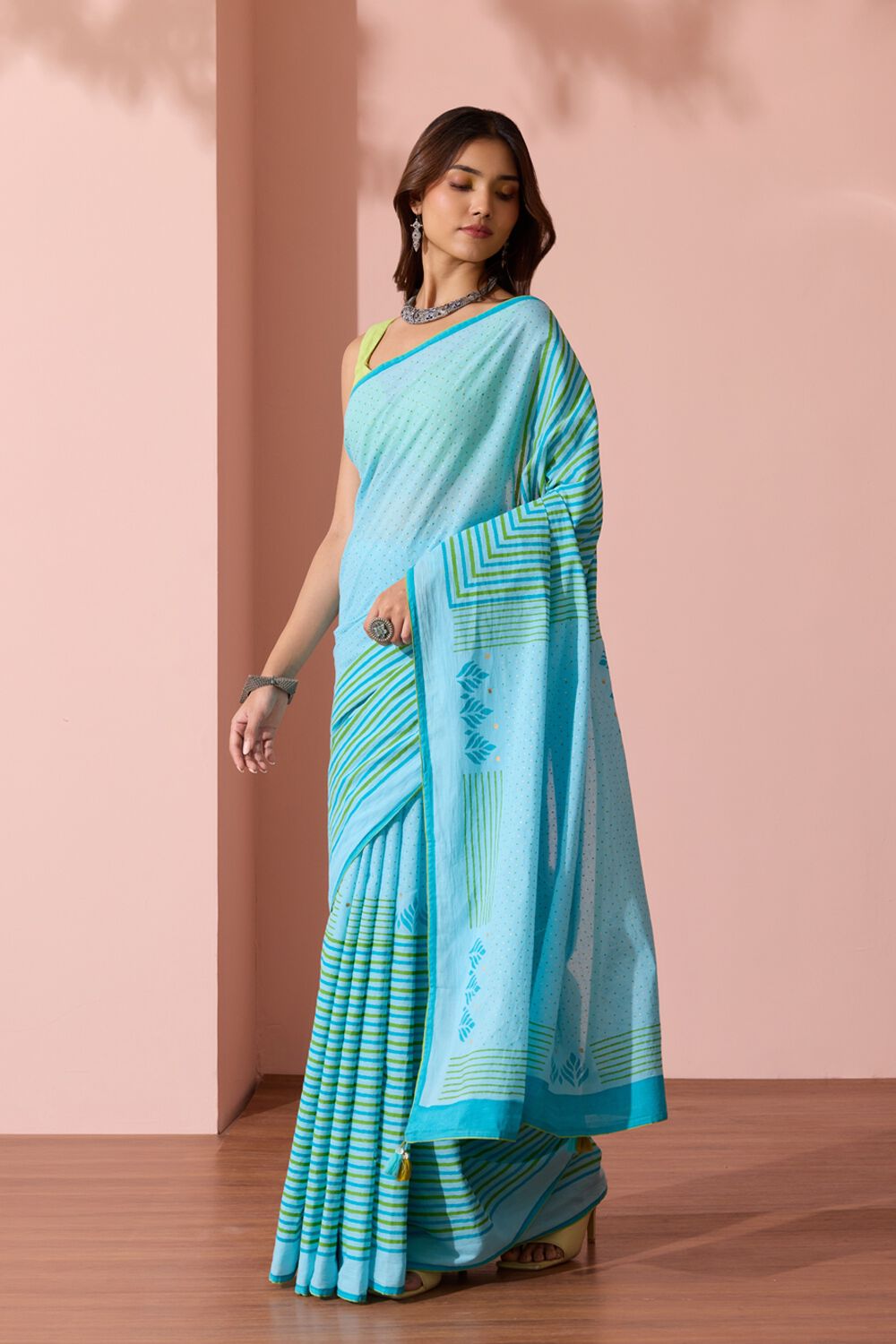 Light Blue Pure Cotton Block Printed Bengal Saree image number null