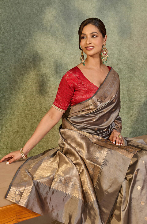 Grey Silk Viscose Kadwa Banarasi Saree