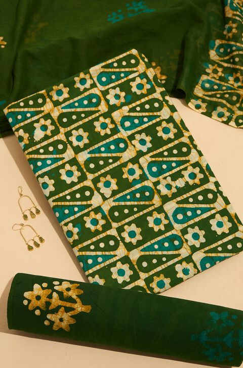 Green Pure Cotton Batik Unstitched Suit Set