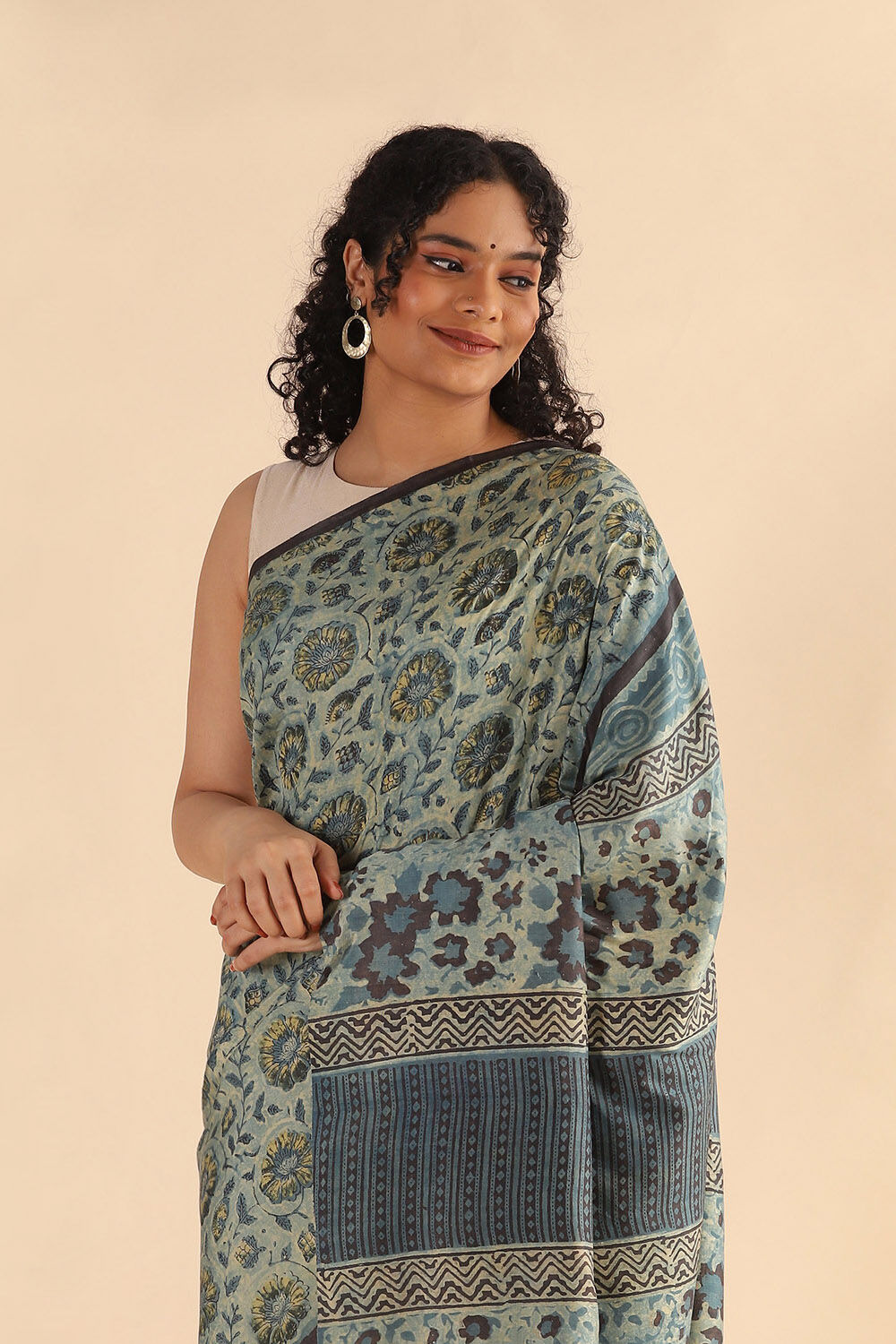 Blue Pure Silk Ajrakh Printed Saree image number null