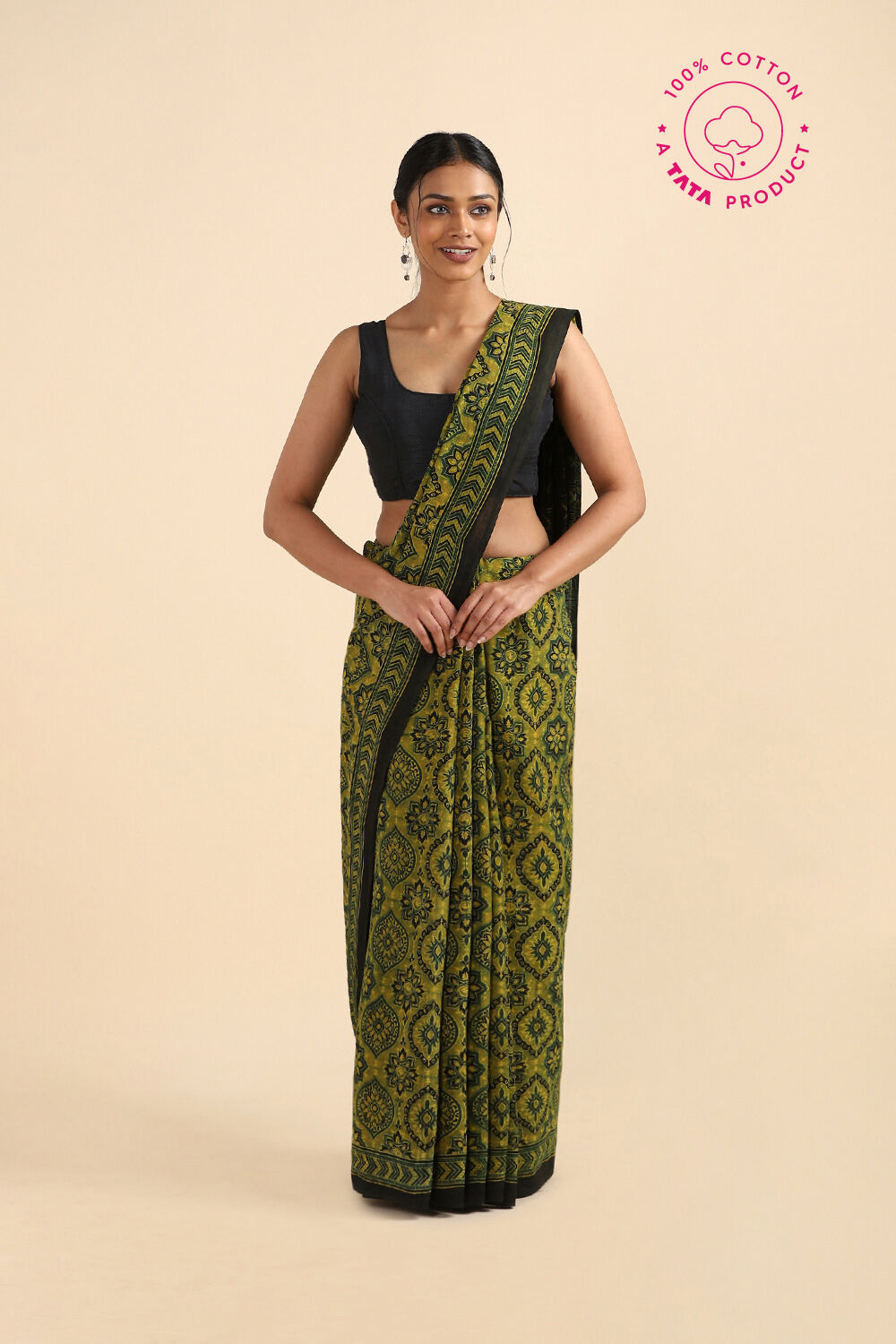 Green Pure Cotton Ajrakh Printed Saree image number null
