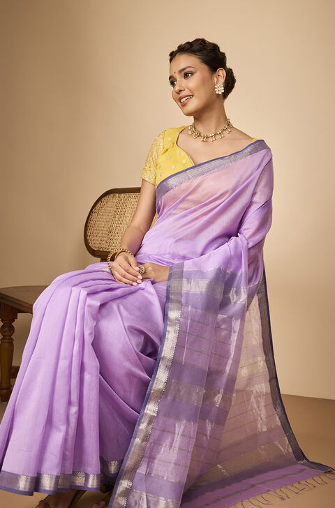 Light Violet Woven Pure Silk Cotton Maheshwari Saree