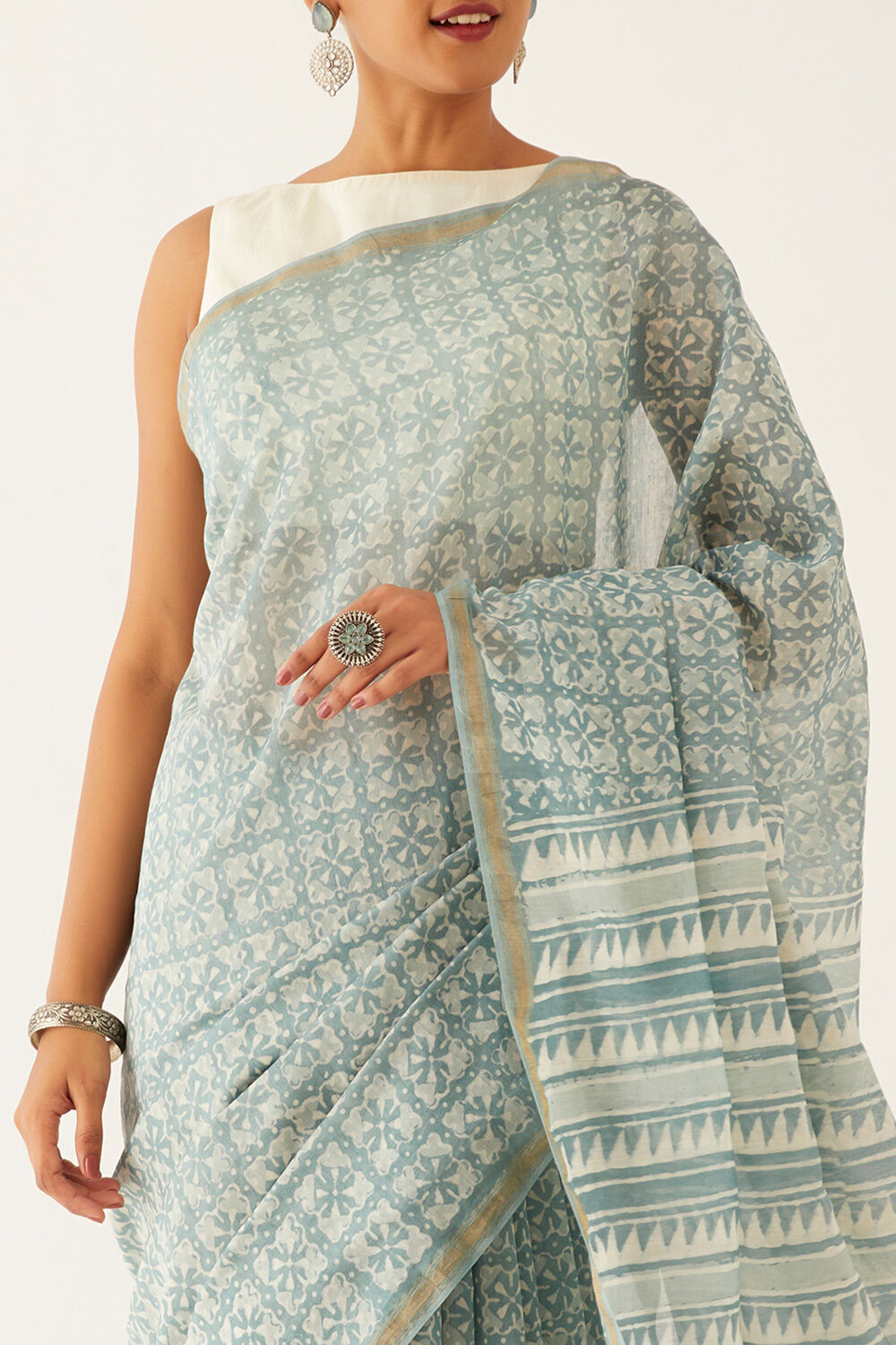 Grey Pure Silk Cotton Dabu Block Printed Saree image number null