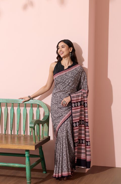 Black Bagh Block Printed Pure Cotton Saree
