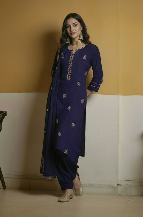 Dark Blue Viscose Embroidered Kurta Set