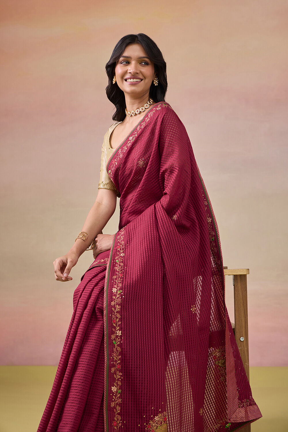 Dark Red Pure Silk Cotton Embroidered Saree image number null