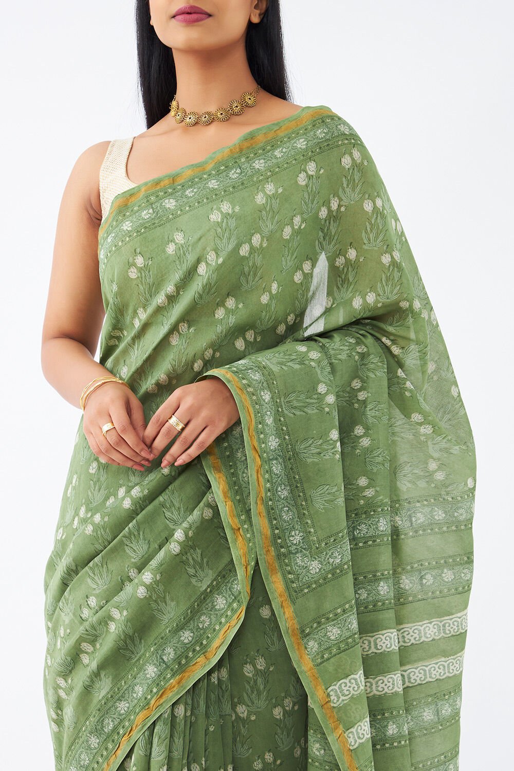 Light Green Pure Silk Cotton Bagru Printed Saree image number null