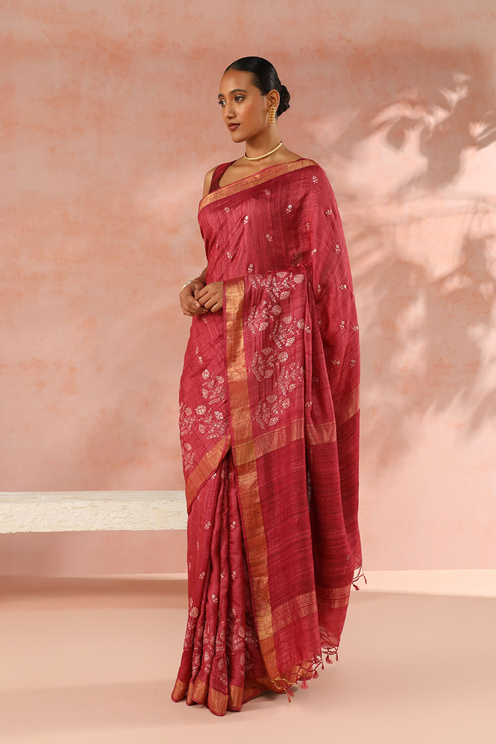 Maroon Contemporary Pure Tussar Silk Embroidery Saree image number null