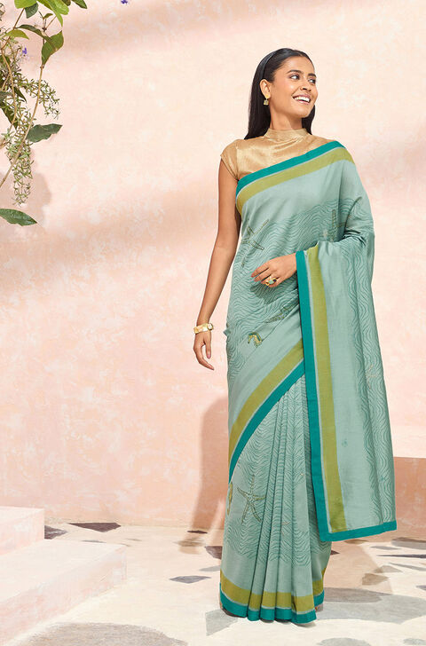 Blue Block Printed Pure Silk Cotton Saree