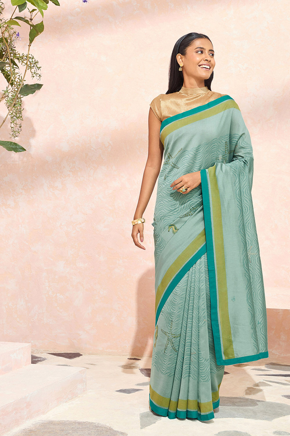 Blue Block Printed Pure Silk Cotton Saree image number null