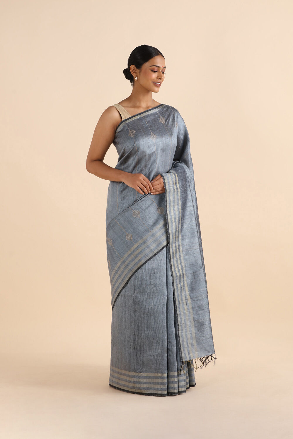 Grey Pure Tussar Silk Bhagalpuri Saree image number null