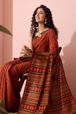 Yellow Bagh Block Printed Pure Cotton Saree image number