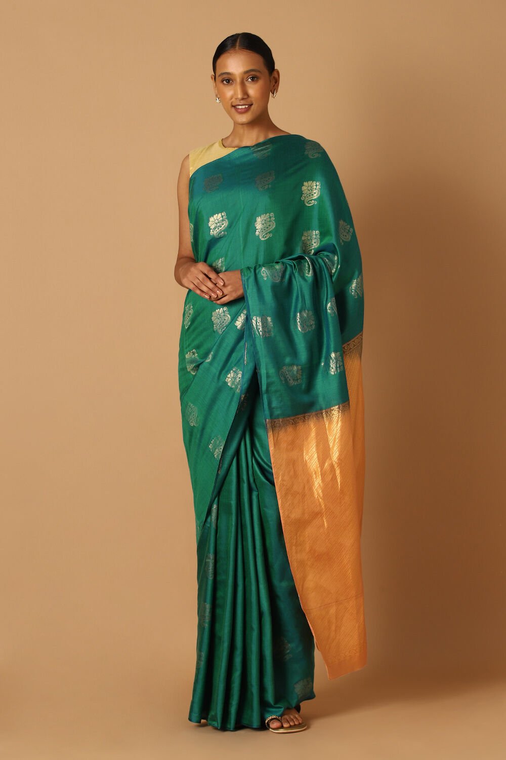 Green Pure Silk Tencel South Saree image number null