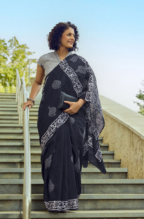 Black Ujjain Pure Cotton Batik Saree