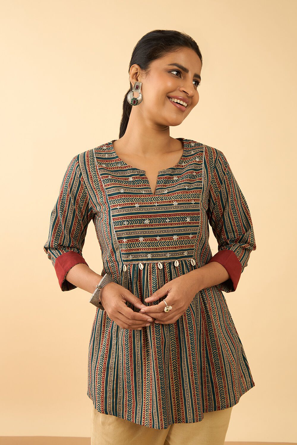 Dark Blue Block Printed Pure Cotton Short Top image number null