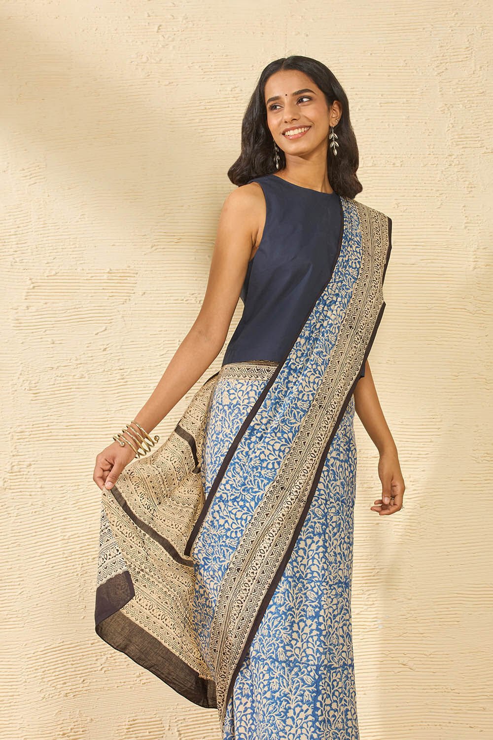 Blue Rajasthan Bagru Block Printed Pure Cotton Saree image number null