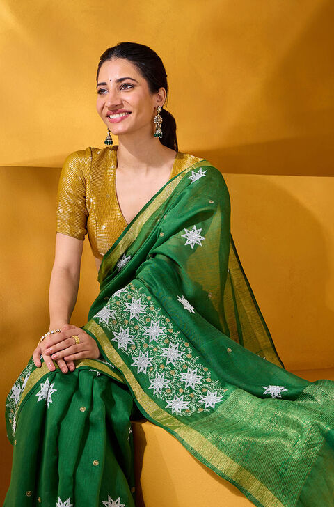 Green Pure Silk Linen Embroidered Saree