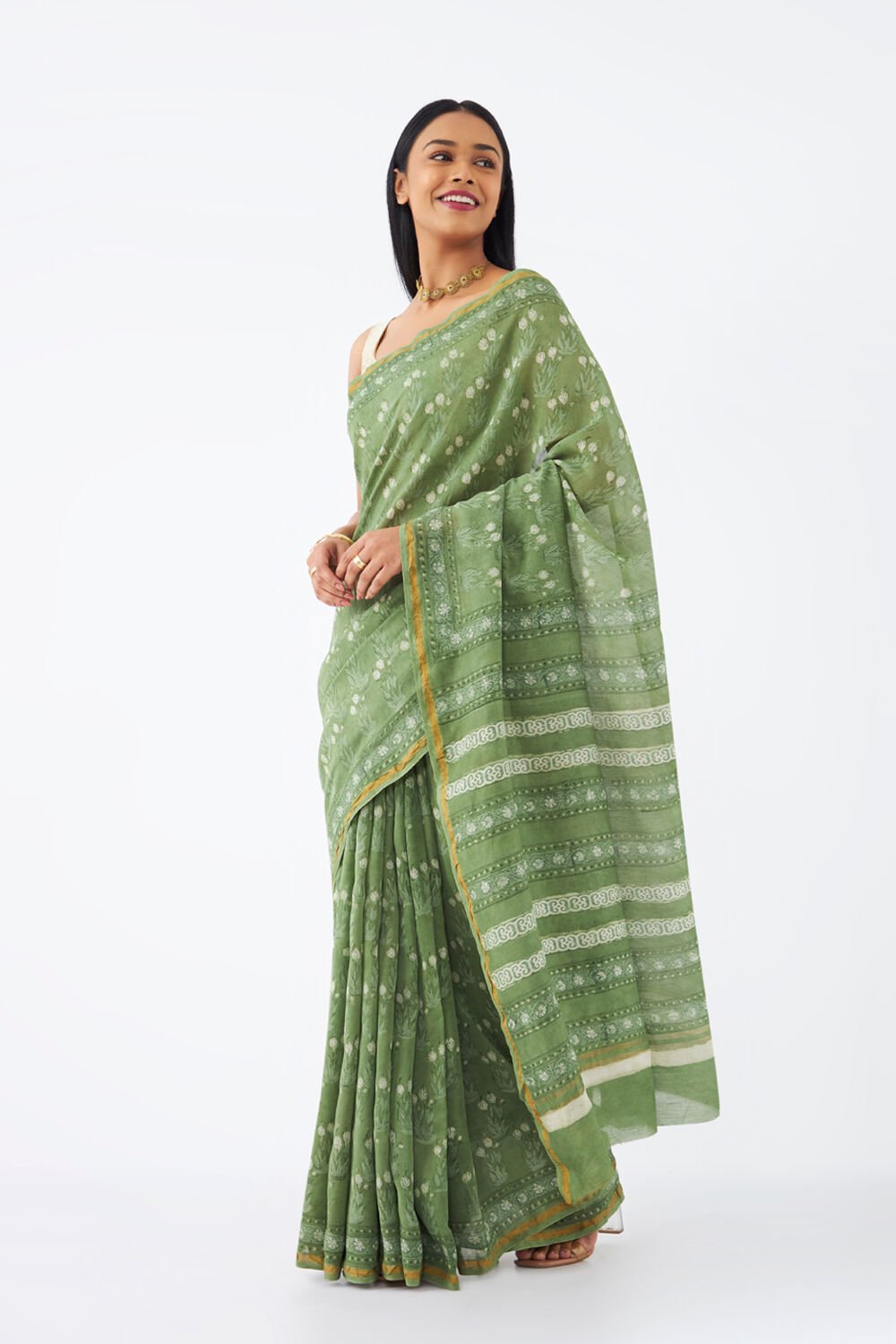 Light Green Pure Silk Cotton Bagru Printed Saree image number null