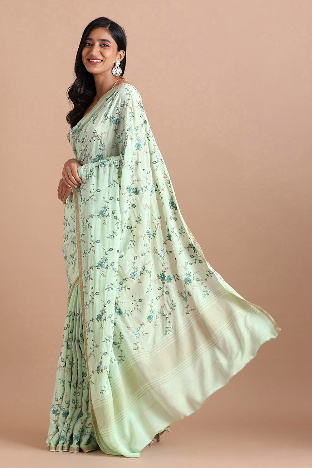 Light Pure Green Viscose Embroidered Saree image number null
