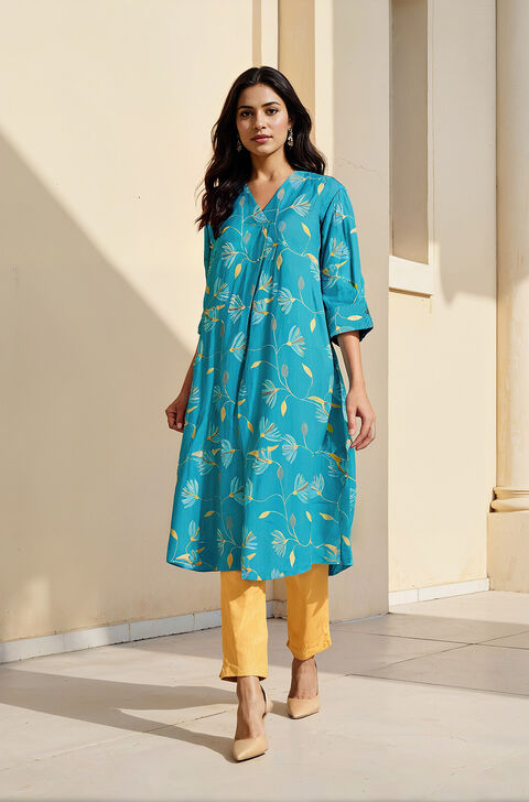 Blue Viscose Embroidered Kurta