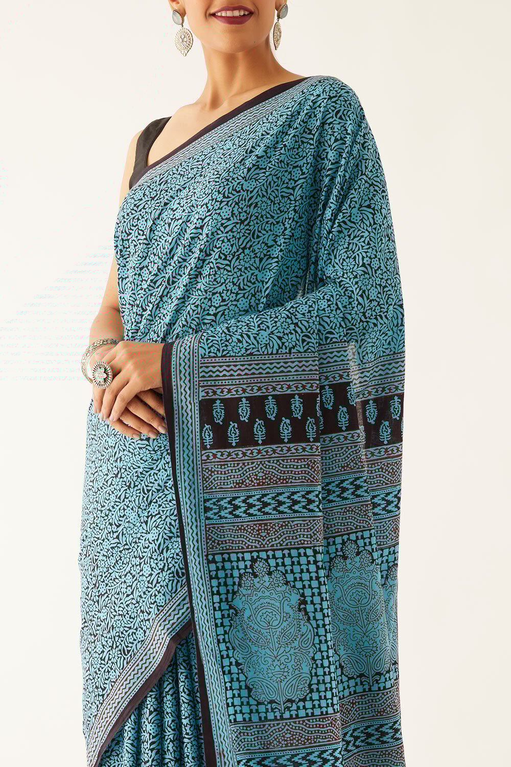 Light Blue Pure Cotton Bagh Printed Saree image number null