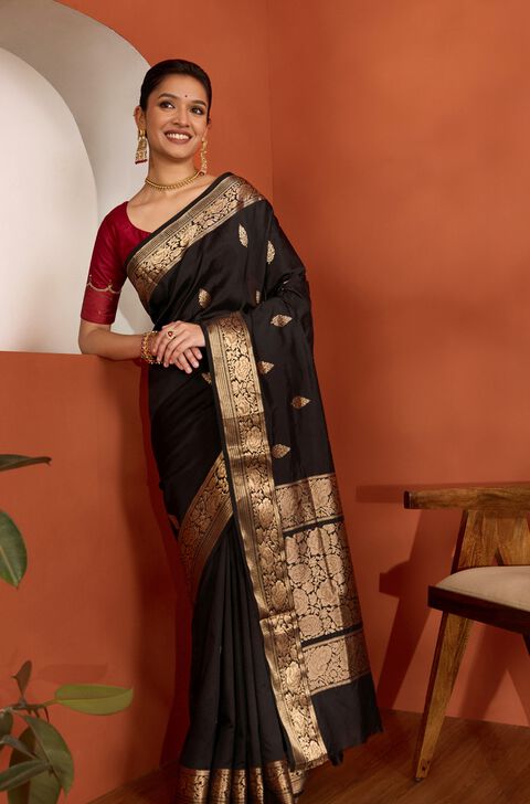 Black Silk Viscose Kadwa Banaras Inspired Design Saree