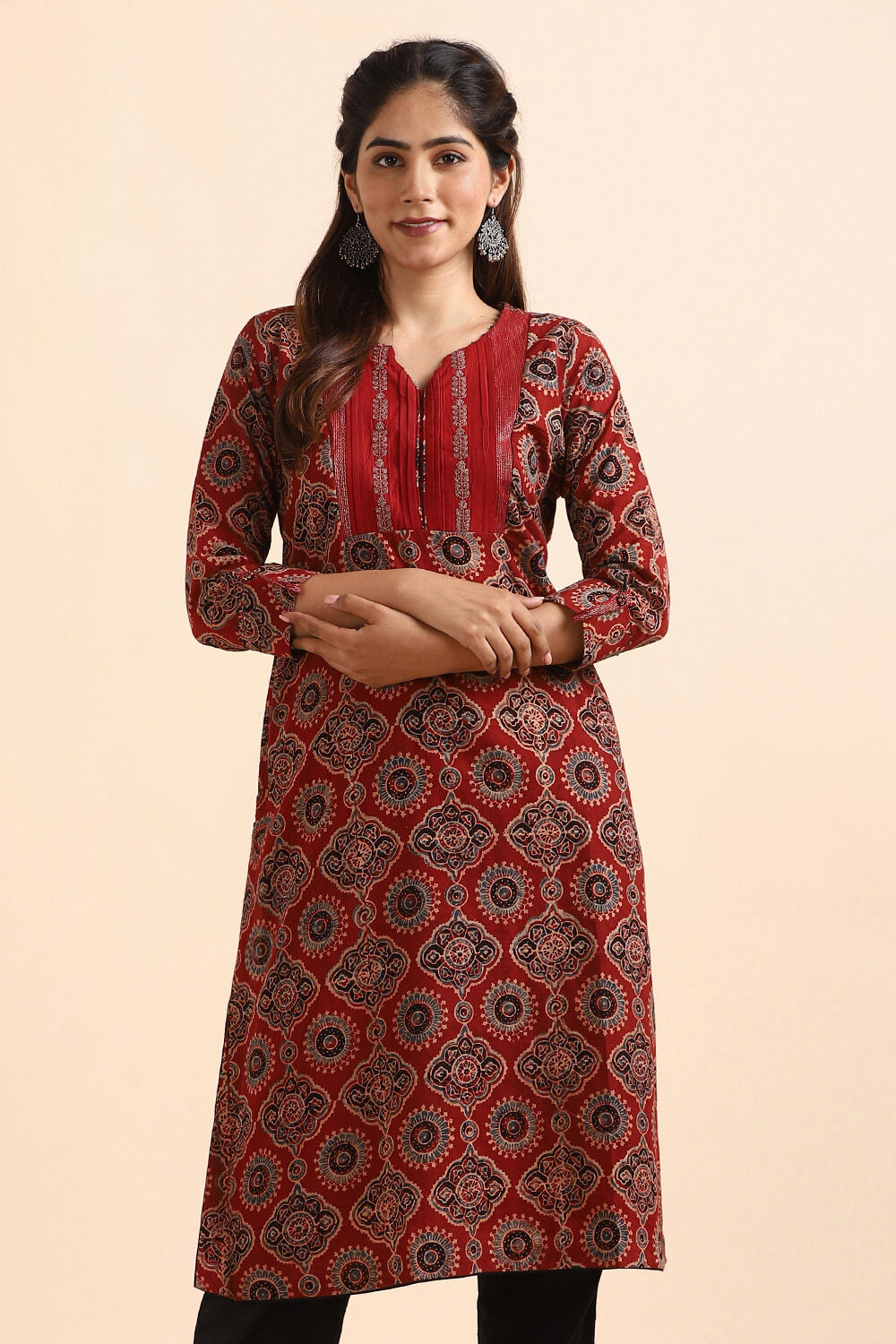 Dark Red Ajrakh Block Printed Cotton Kurta image number null