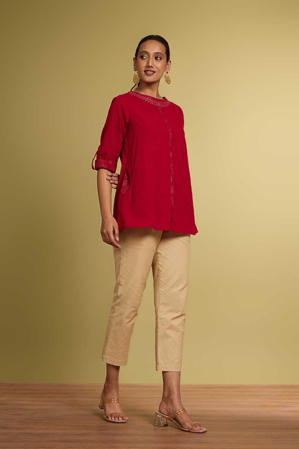 Dark Red Woven Pure Cotton Short Top image number null