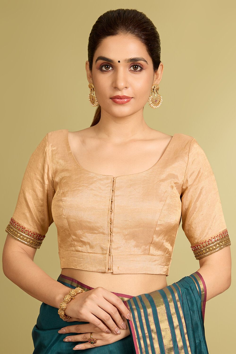 Gold Pure Tissue Cotton Embroidered Blouse image number null