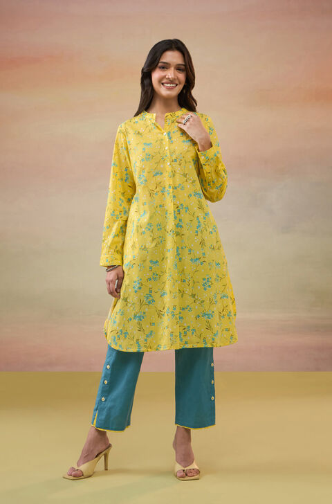 Yellow Pure Cotton Screen Printed  Kurta Set