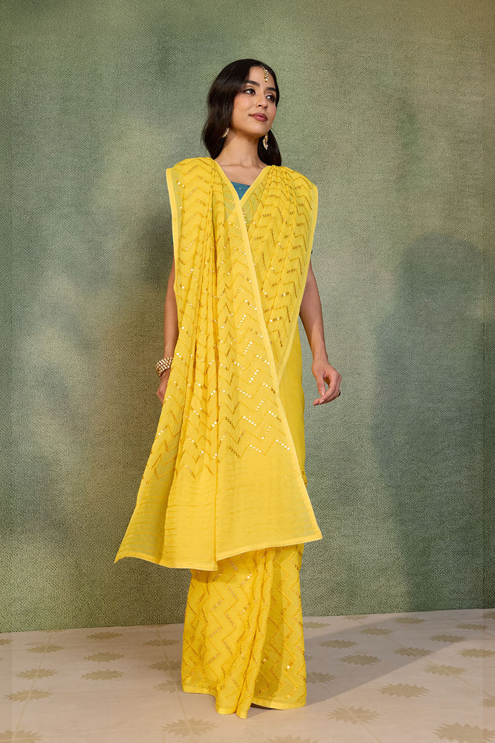 Yellow Viscose Georgette Embroidered Saree image number null