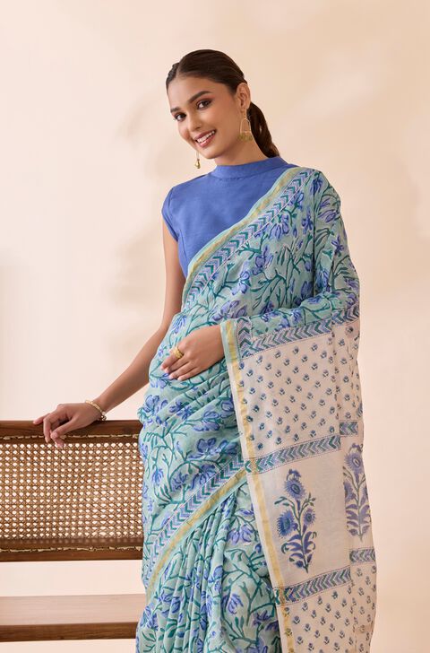 Light Blue Rajasthan Pure Silk Cotton Printed Sanganeri Saree