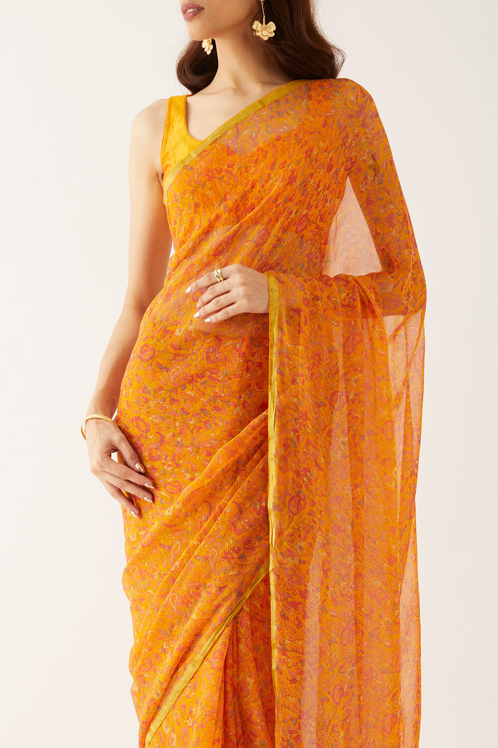Yellow Viscose Chiffon Printed Saree image number null