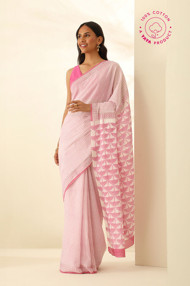 Light Pink Pure Cotton Block Printed Saree
