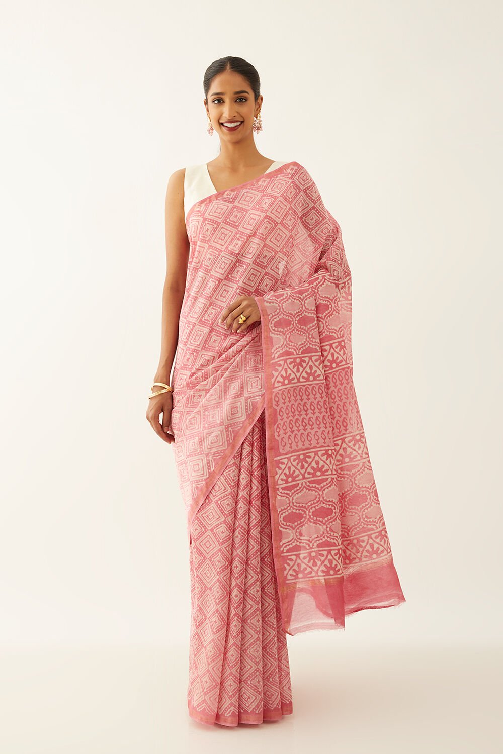 Pink Pure Silk Cotton Dabu Printed Saree image number null