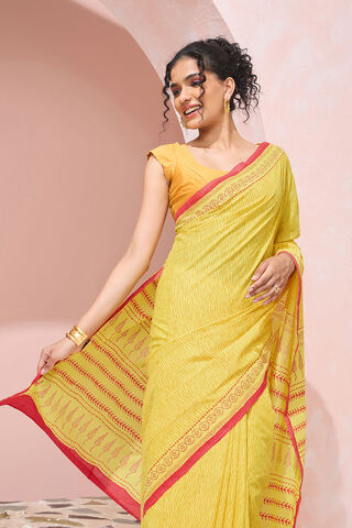 Yellow Pure Cotton Mulmul Block Printed Bengal Saree thumbnail image number null
