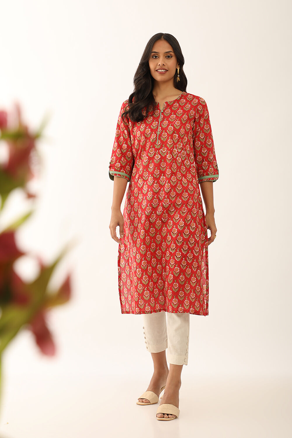 Red Pure Cotton Sanganeri Block Printed Kurta image number null