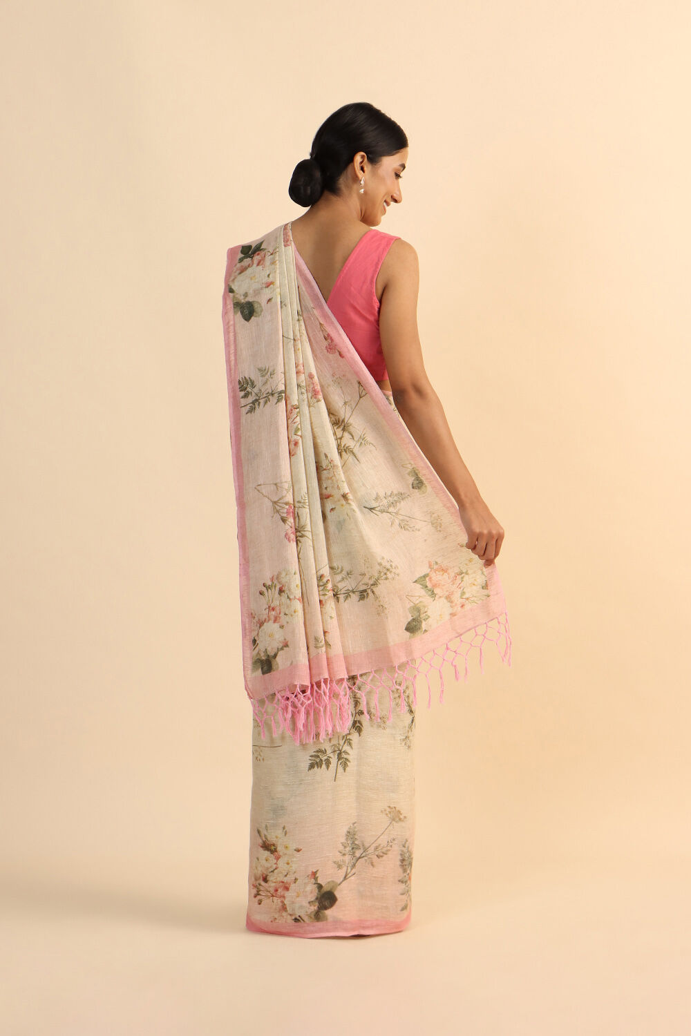 Light Pink Pure Linen Digital Printed Saree image number null