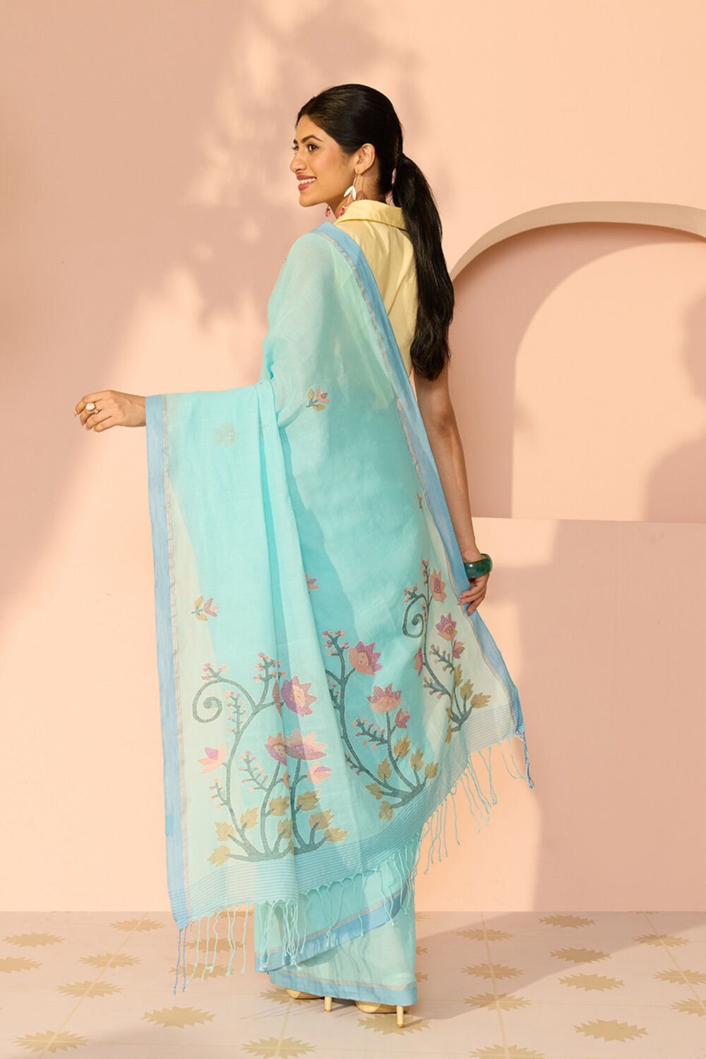 Blue Bengal Pure Cotton Kantha Embroidered Saree image number null