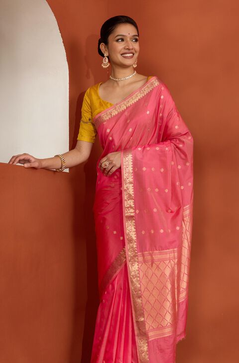 Pink Silk Viscose Cutwork Banaras Inspired Design Saree
