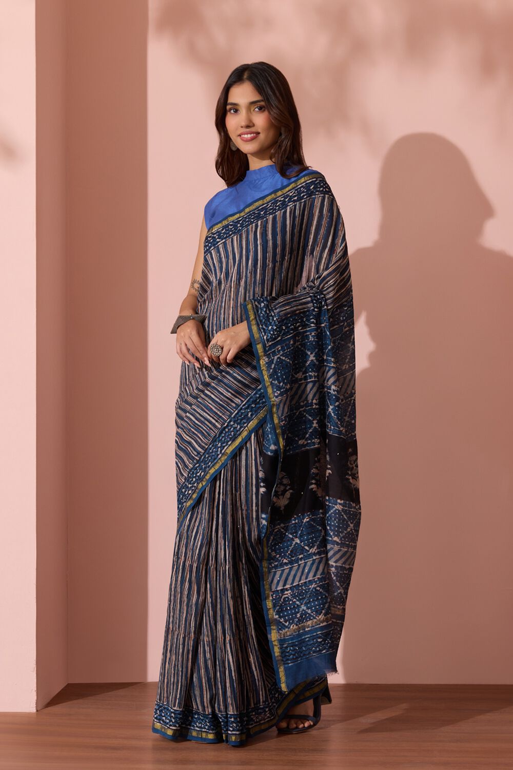 Dark Blue Bagru Printed Mukaish Pure Silk Cotton Saree image number null