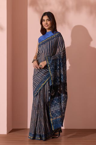 Dark Blue Bagru Printed Mukaish Pure Silk Cotton Saree thumbnail image number null