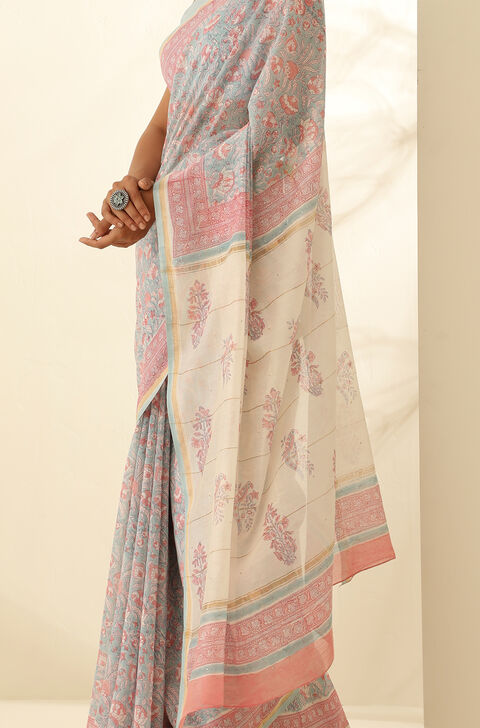 Light Blue Pure Silk Cotton Bagru Block Printed Saree