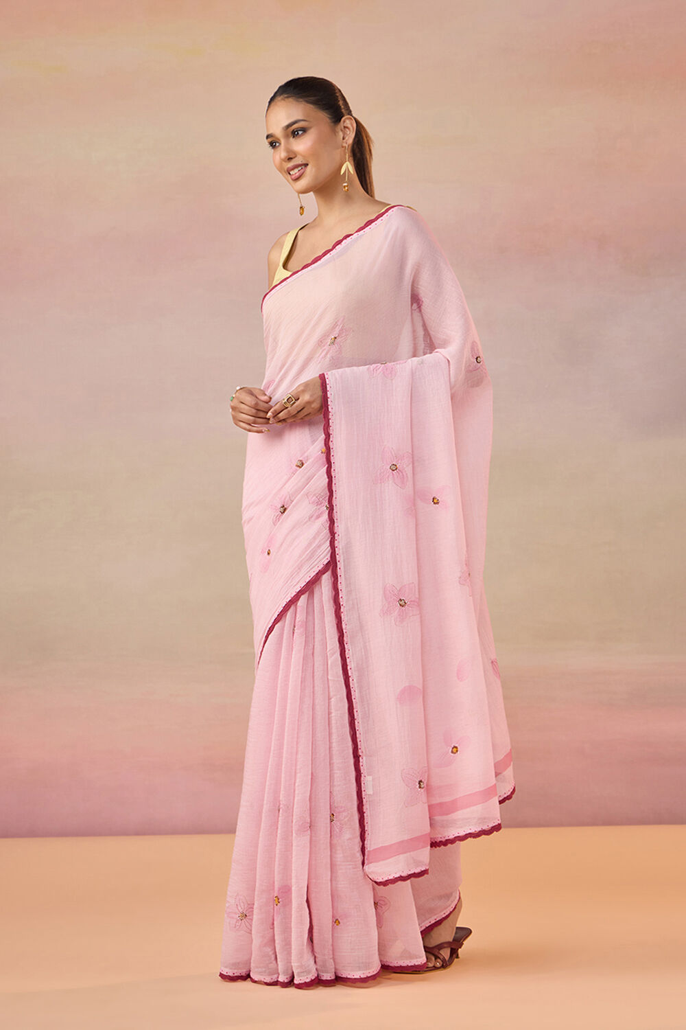 Light Pink Bengal Pure Silk Cotton Hand Painted Embroidered Saree image number null