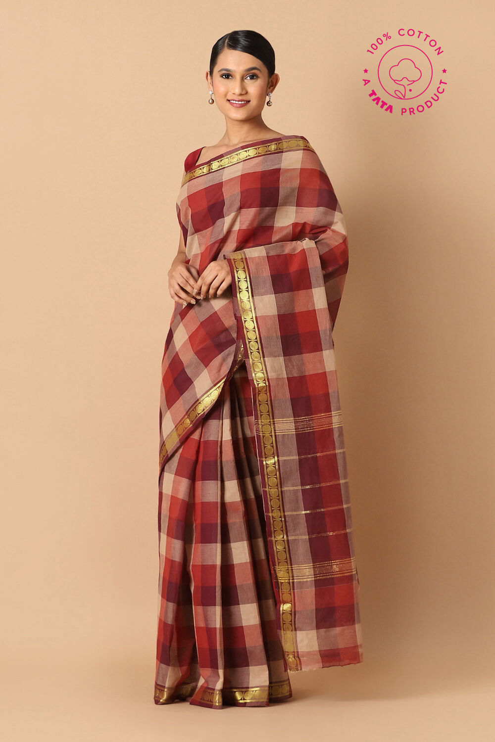 Red Pure Cotton Chettinad Saree image number null