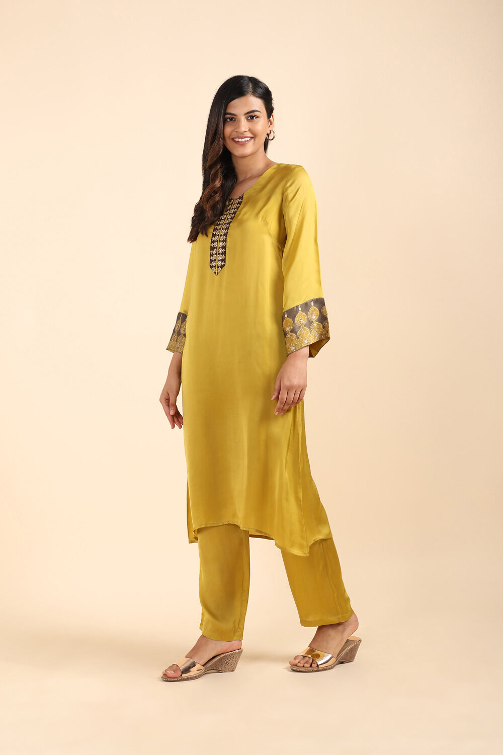 Yellow Viscose Embroidered Kurta Set image number null