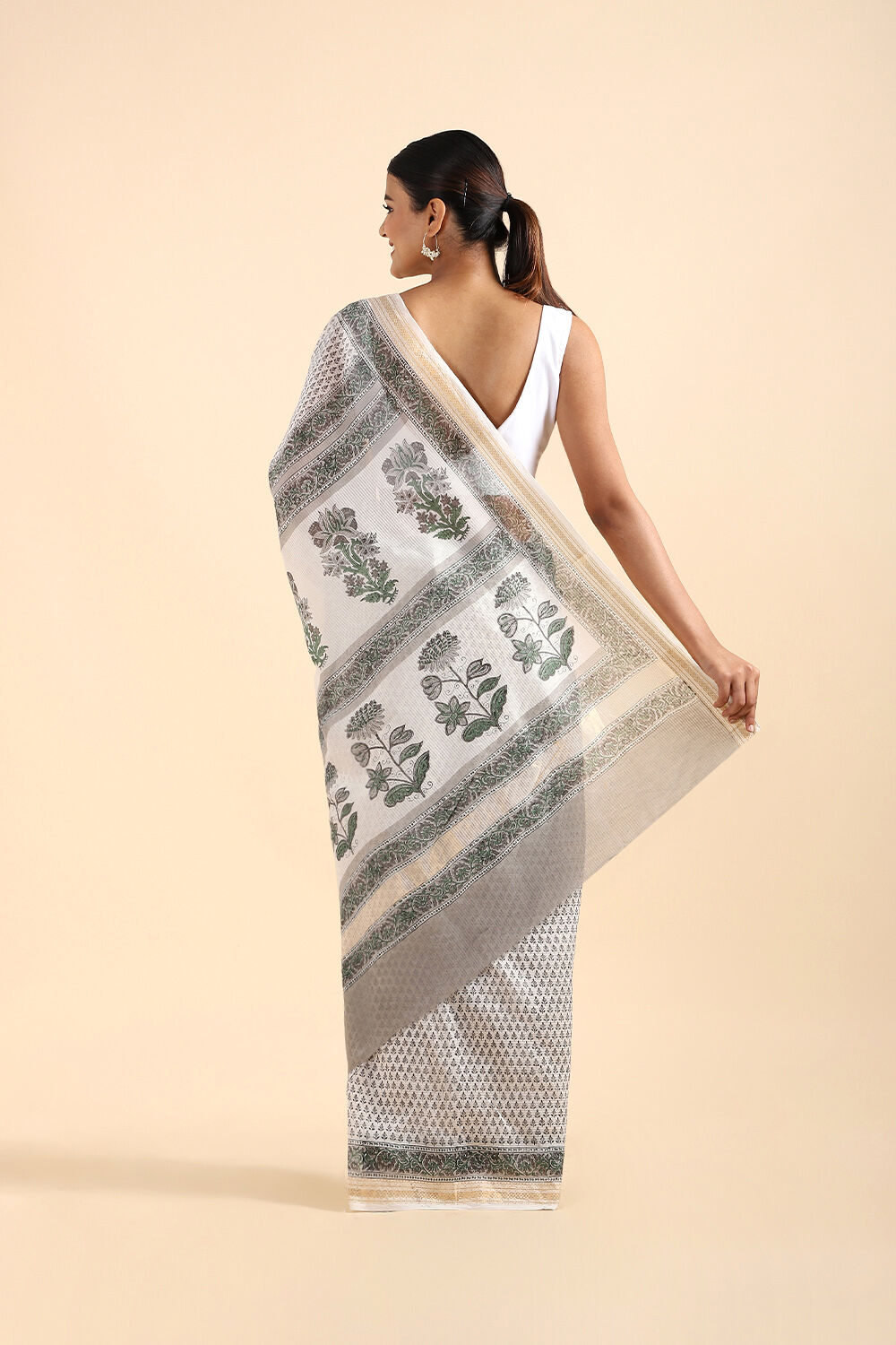 Off White Pure Silk Cotton Sanganeri Printed Saree image number null