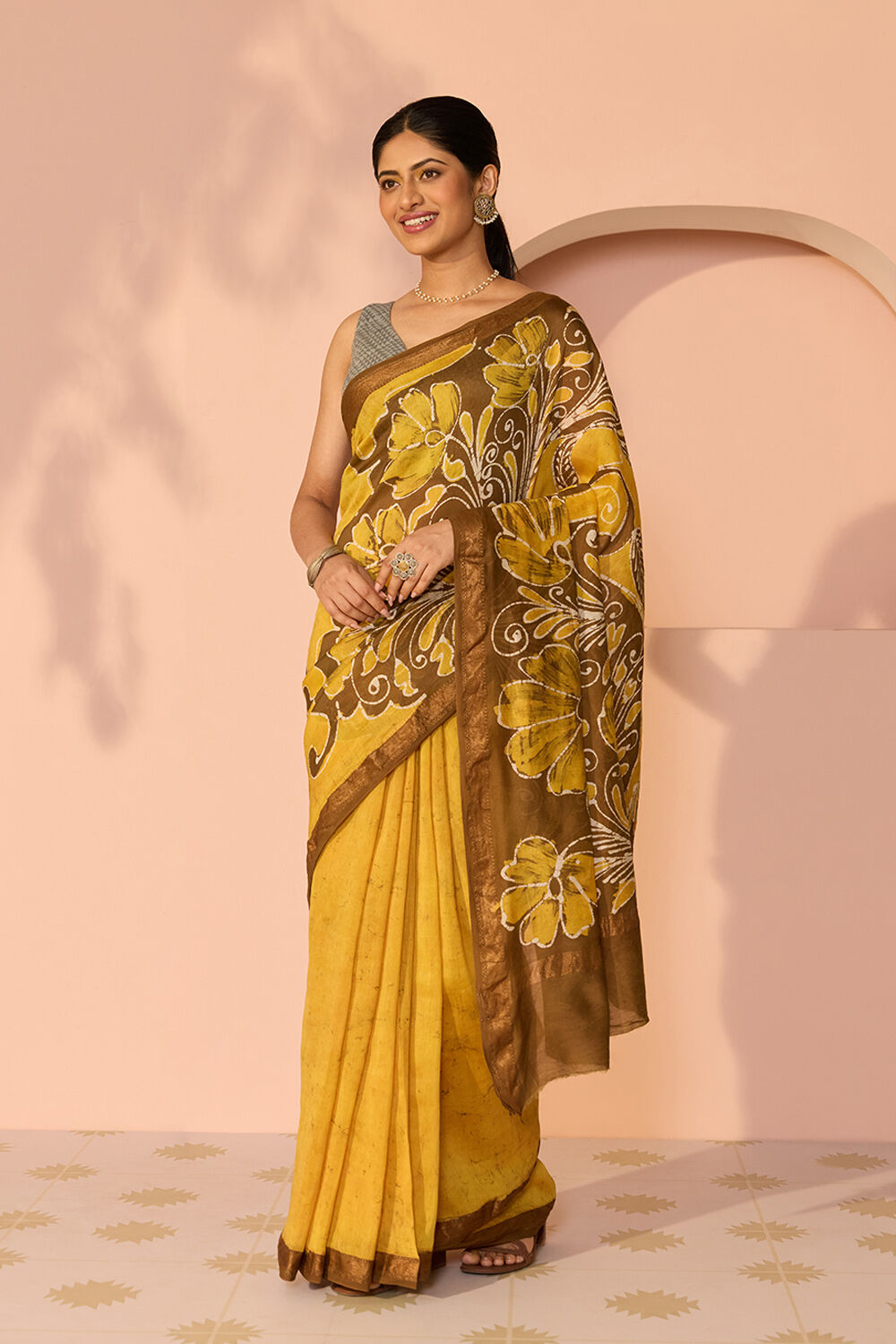 Yellow Ujjain Pure Silk Cotton Batik Saree image number null