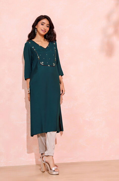 Blue Viscose Mukaish Embroidered Kurta