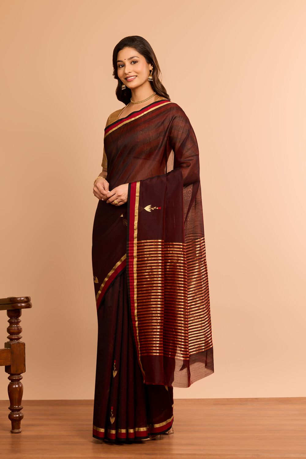 Dark Red Eknaliya Pure Silk Cotton Chanderi Saree image number null